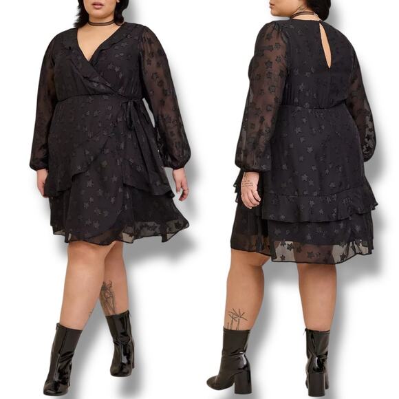 Torrid Women 12/L Clip Star Surplice Ruffle Mini Dress Sheer Tiered Dark Fairy - Picture 1 of 13